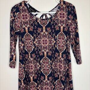 FORTUNE & IVY Paisley Dress Womens S Back Tie Navy Pink Flowy Stretch Knit
